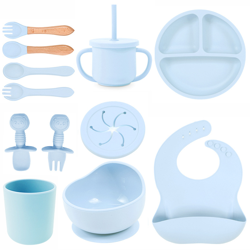 Baby silicone tableware set infant food bowl spoon saliva pocket children's 3-grid silicone dinner plate straw cup - Image 11