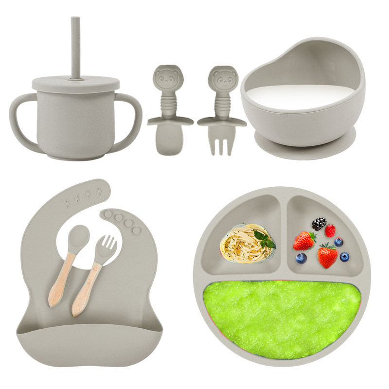 Baby silicone tableware set infant food bowl spoon saliva pocket children's 3-grid silicone dinner plate straw cup - Image 2