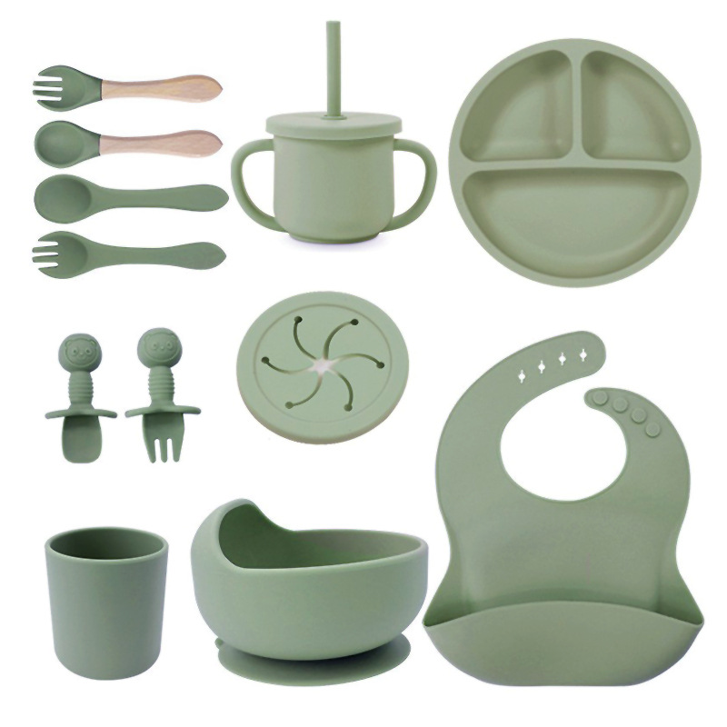 Baby silicone tableware set infant food bowl spoon saliva pocket children's 3-grid silicone dinner plate straw cup - Image 6